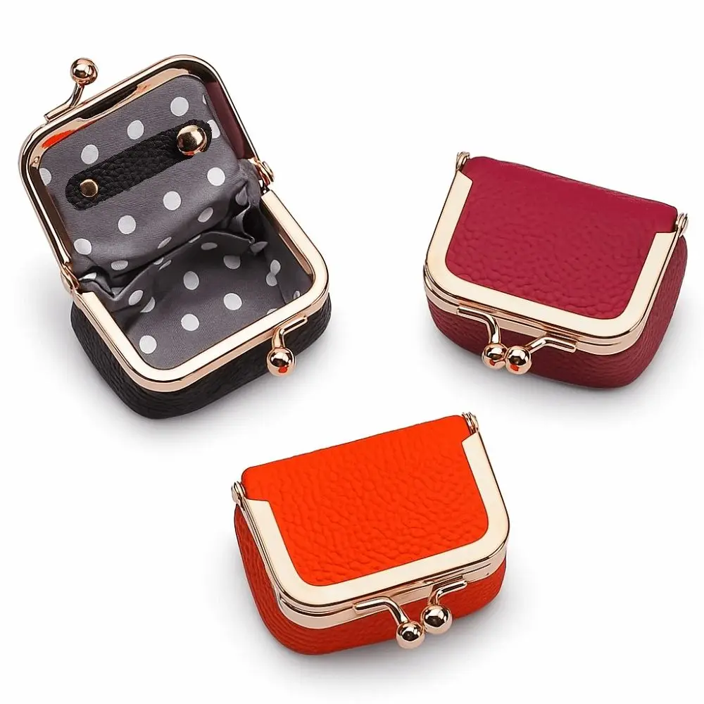 Genuine Leather Kiss Lock Coin Purse Solid Color Multifunctional Leather Jewelry Bag Square Mini Small Item Bag Woman Girl