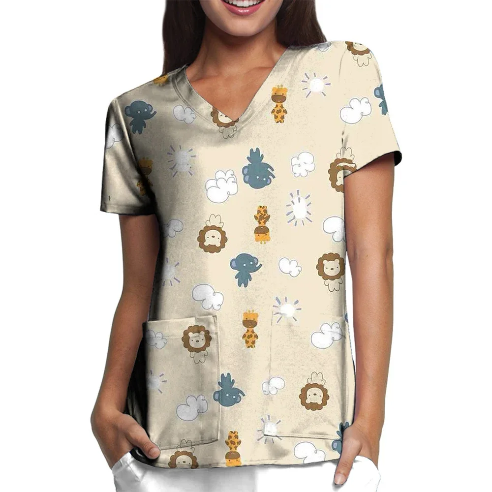 Nurse Uniforms Women Print Short Sleeve V-neck Scrubs Working Medical Blouse Overalls Uniforms Medical Nursing Spa Pet Dentistry