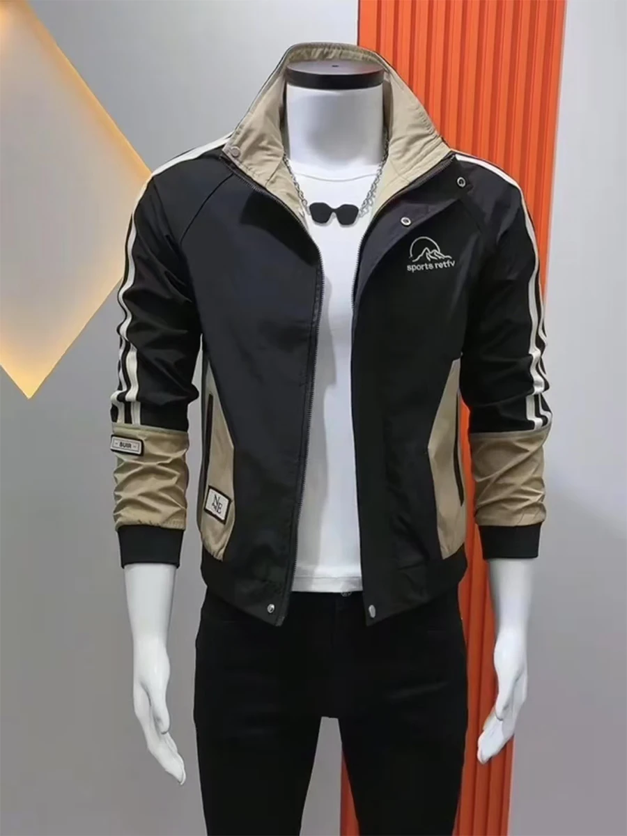 

Sli Slim Fit Jaet Outerwear for Men Trendy Patchwork Color Blo Stand Collar Faionable Versatile Haome Top