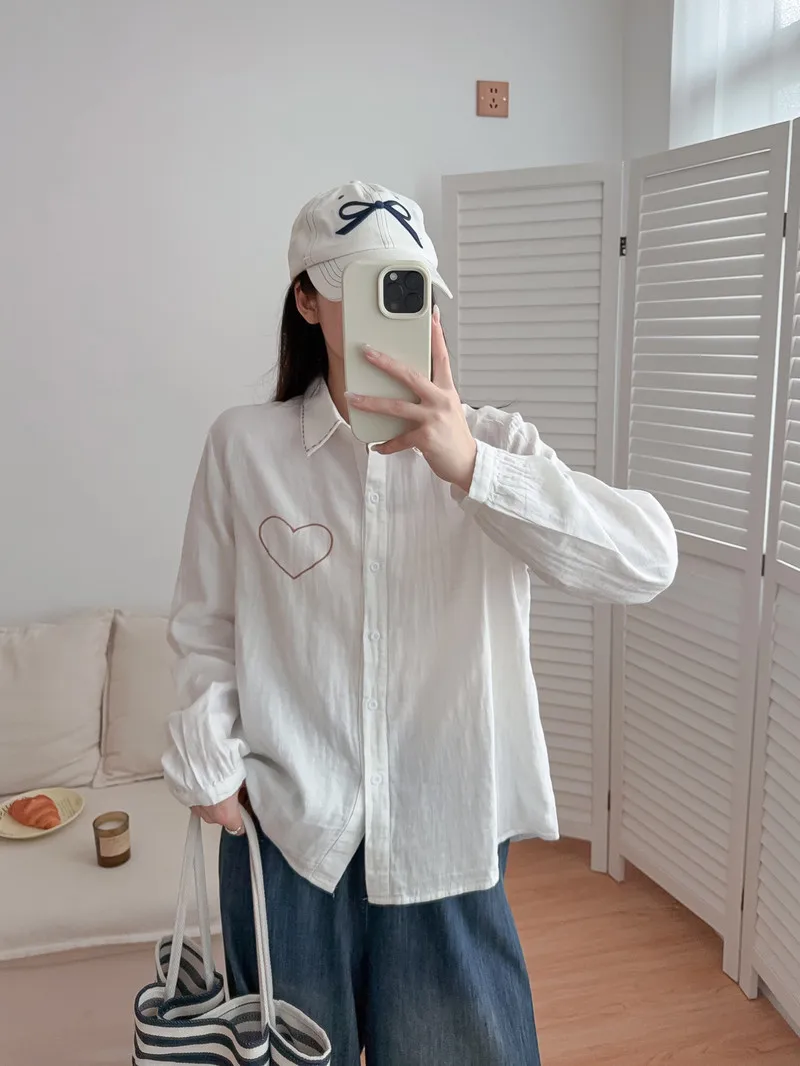 New 2025 Winter Cotton Yarn Long Sleeve Shirt, Women Turn-down Collar Embroidery, Mori Girl Age Reduction Loose Blouse T5N718CC