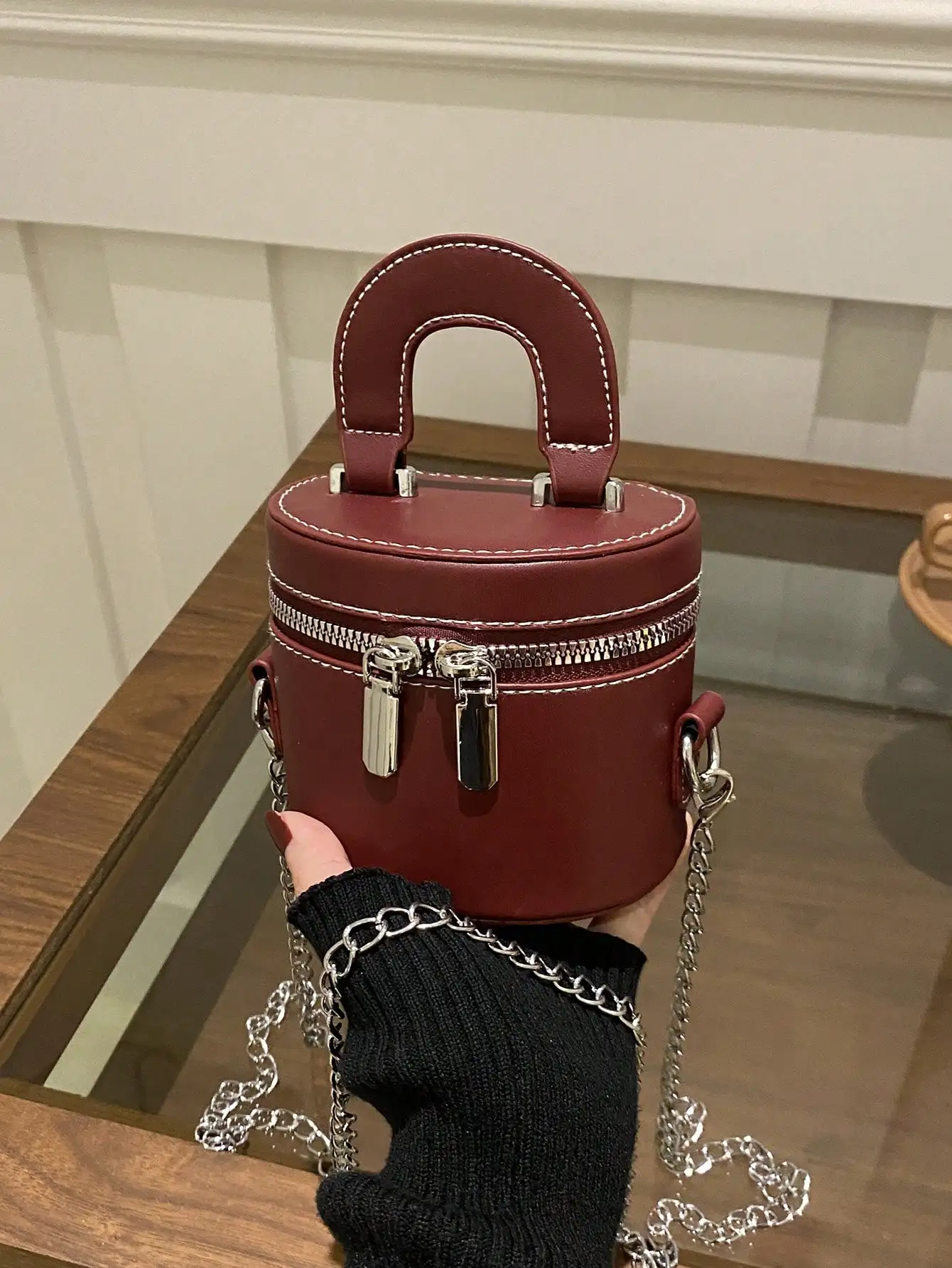 

Burgundy Round Top-Handle Mini Crossbody Bag with Chain Strap and Zip Closure