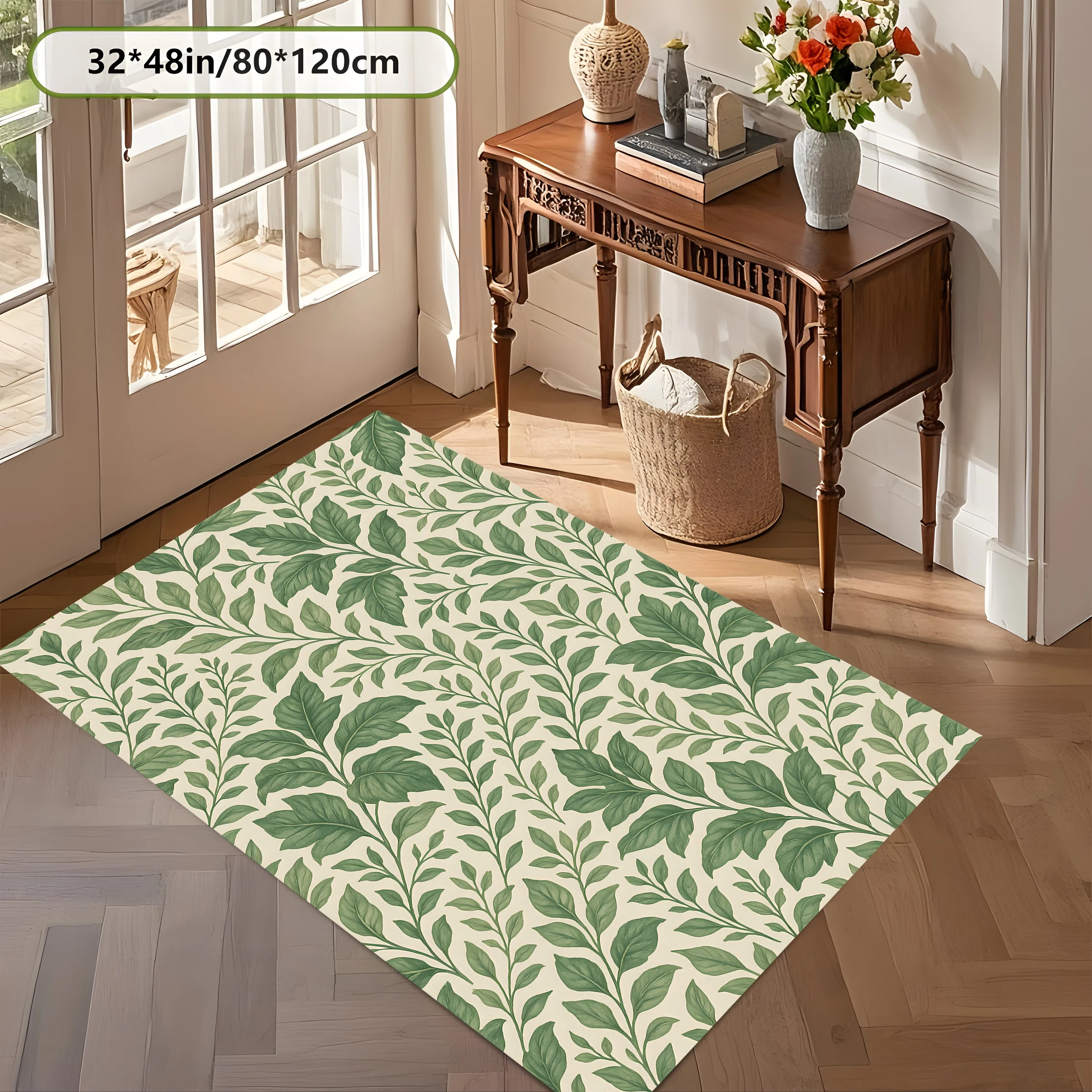 2D Carpet with All-Over Green Branch Pattern in Retro Forest Style for Living Room, Bedroom, and Bedside
