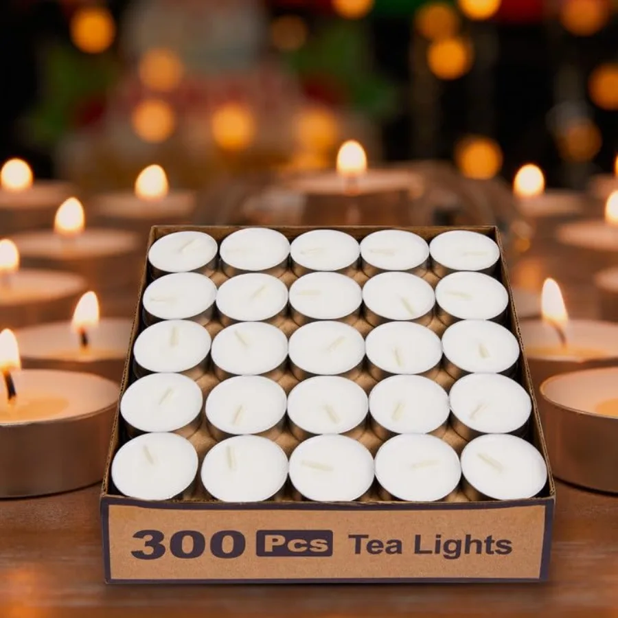 

Tea Lights Candles Bulk - 300 Pack 4.5+ Hours Fully Burns Tealight Candles Unscented Smokeless Bright Flame Palm Tealights for
