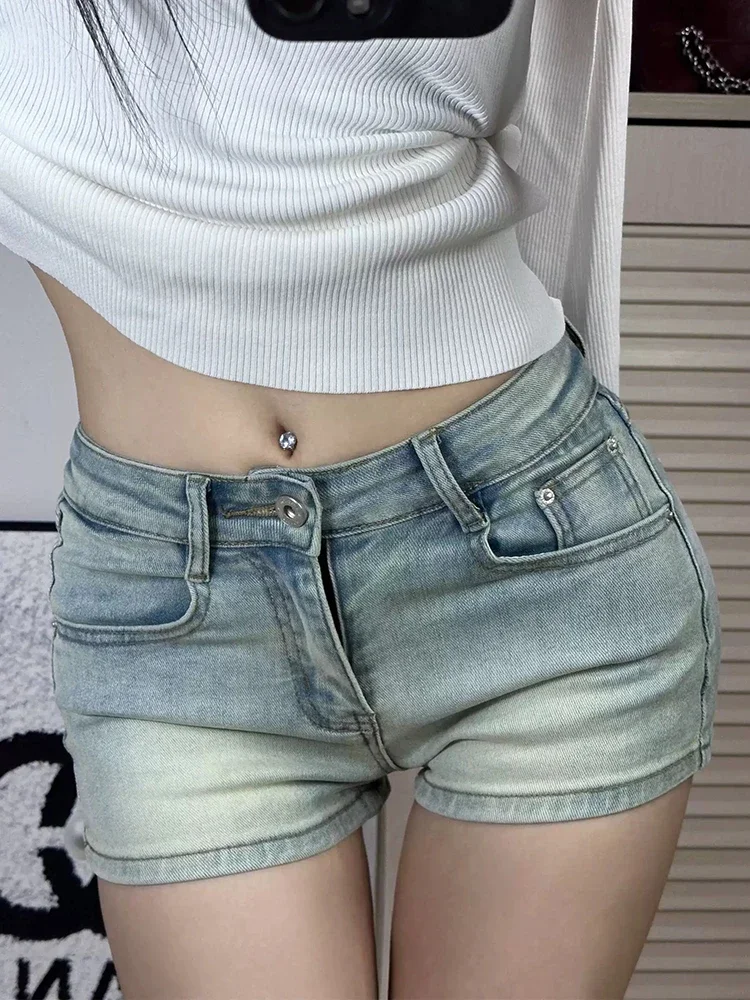 Summer Vintage Washed Distressed Sexy Shorts for Women New Blue Basic Button Simple Casual Fashion Slim Xs-Xl Female Jean Shorts
