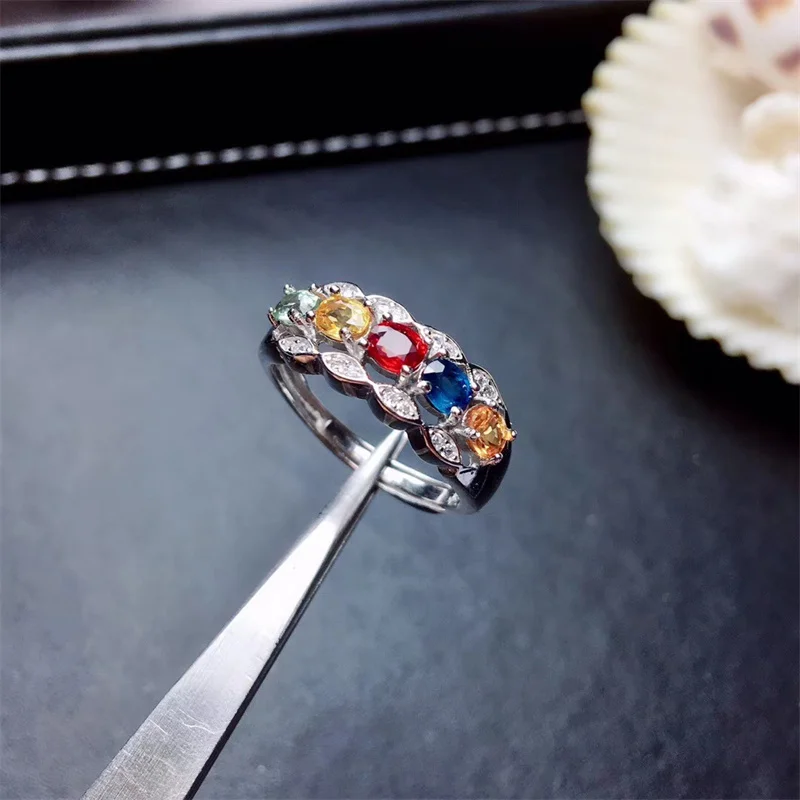 Natural Multicolor Sapphire Ring for Women S925 Sterling Silver Yellow Blue Green Red  Fine Elegant Jewelry with Certificate