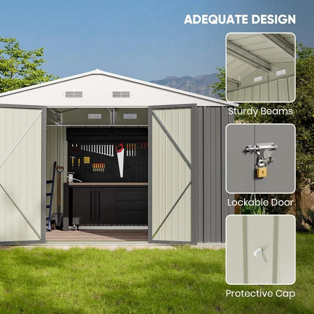 10 X 8 Feet Outdoor Storage Shed, Large Garden Tool Metal Shed with Sloping Roof and Double Locking Doors, Outdoor Shed