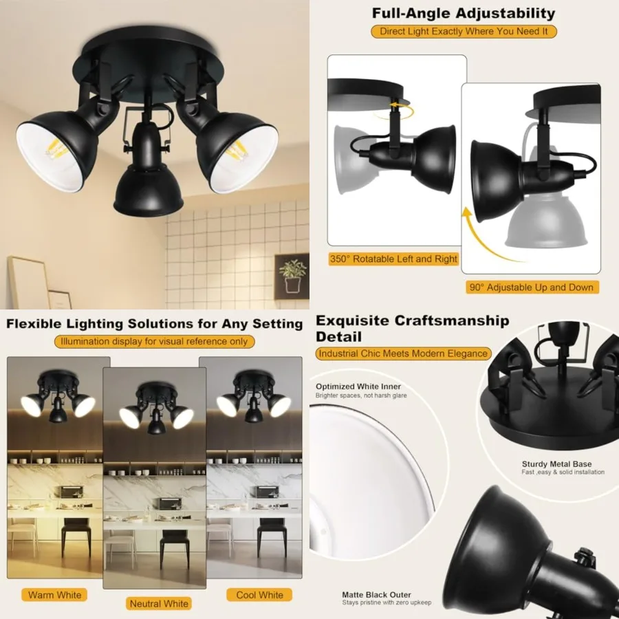 

Ceiling Light Fixtures, s Adjustable LED Spotlight, Industrial Track Lighting Black with Round Plate for Kitchen, Living Room,