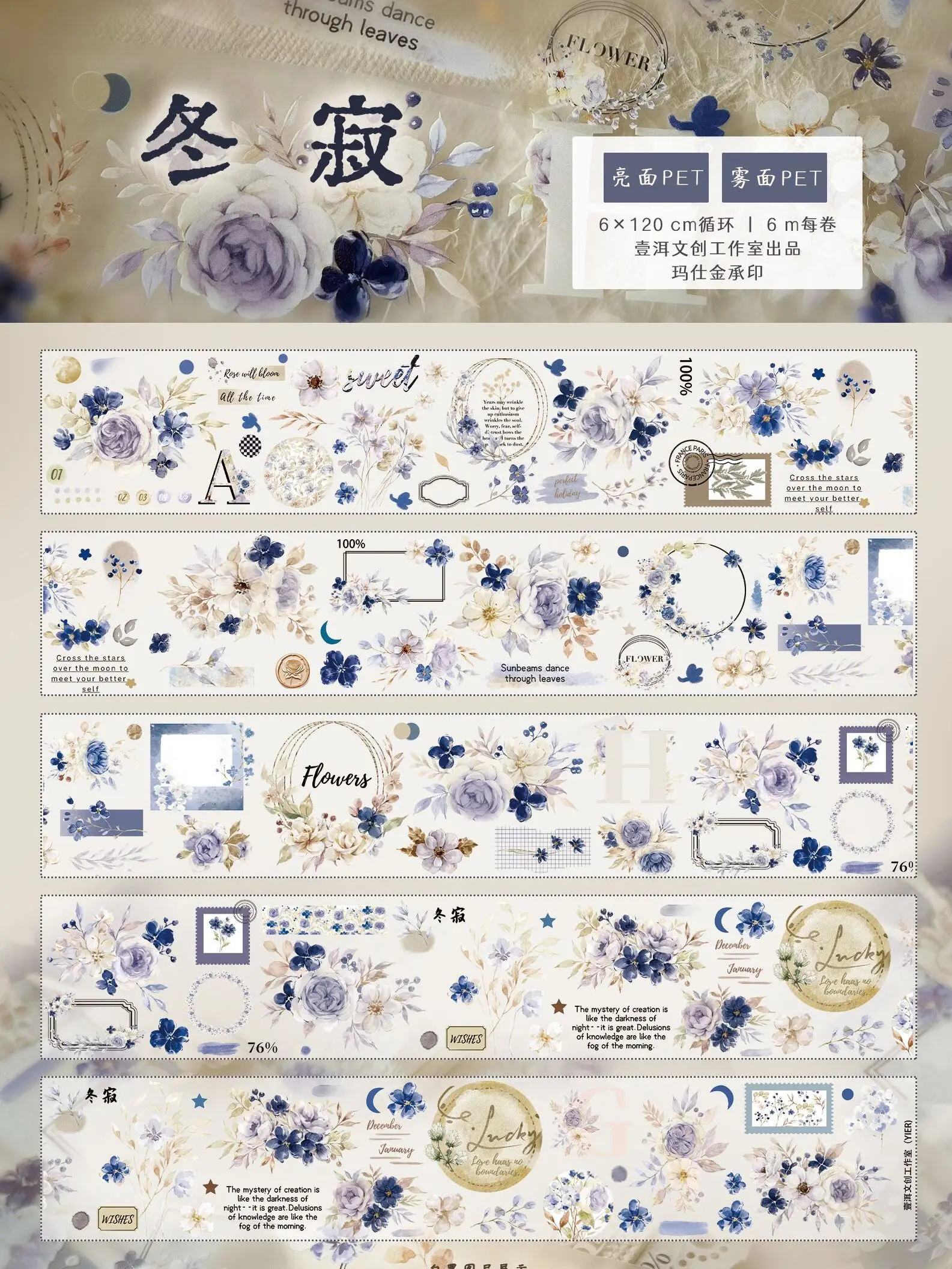 6M/Roll New Light Retro Journal Blue Floral Matte Gloss PET Washi Tape