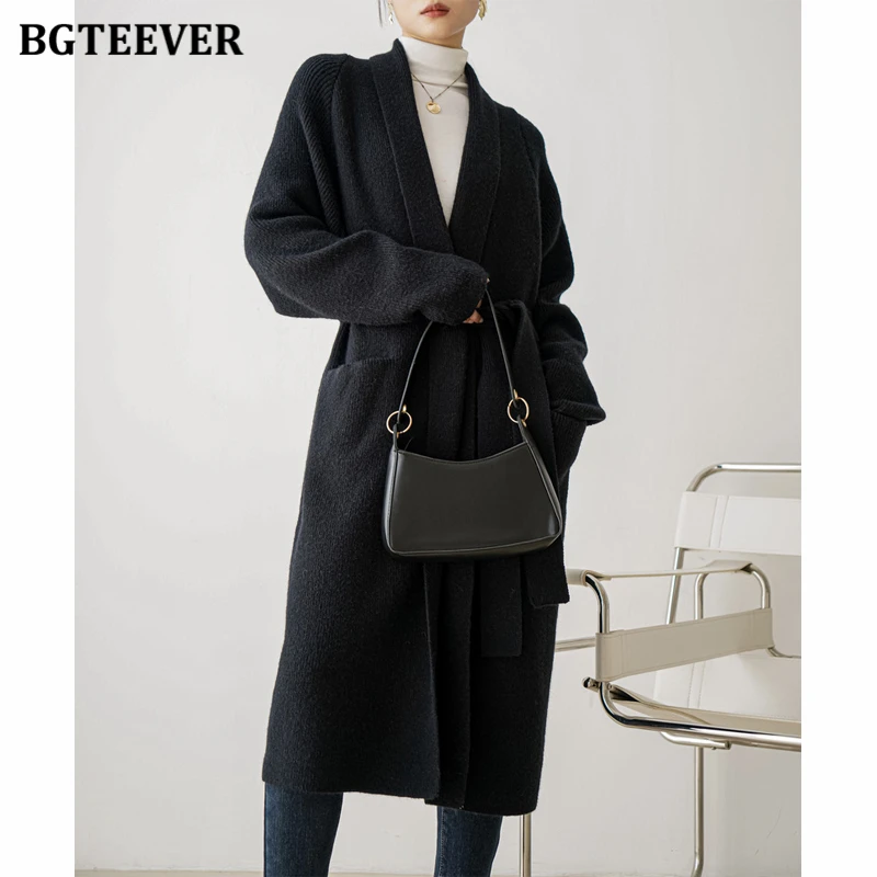 BGTEEVER Stylish Thicken Ladies Cashmere Warm Sweaters Overcoats Lace-up Female Long Knitted Cardigans Autumn Winter