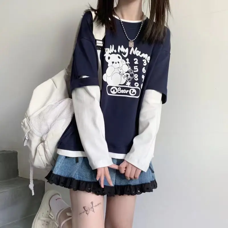 2024 Autumn Teen Girls Harajuku Cartoon Bear Print Fake 2 Pieces Tshirt Patchwork Long Sleeve Y2K T-Shirt Women Sweet Clothes