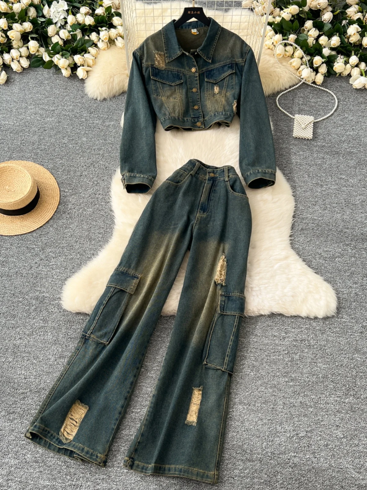 

Denim Suit Women's Autumn Fashion Versatile Short Jacket Jacket Workwear Hole Wide-legged Trousers