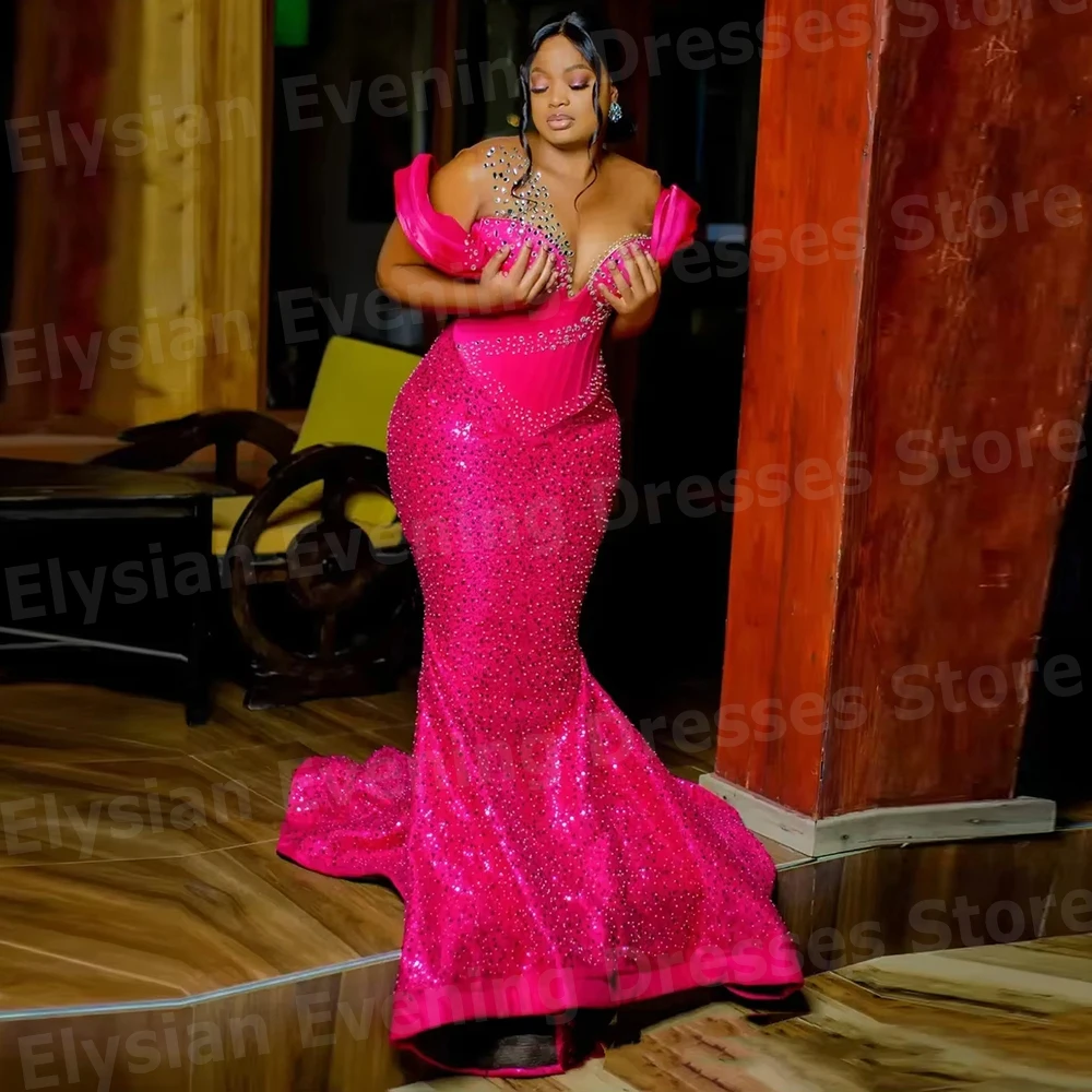 豪華な女性のマーメイドオフショルダーイブニングドレスカスタマイズされたローブ・ド・ソワレプロムドレススパークリングビーズ付きベスティドス・パラ・ムヘール