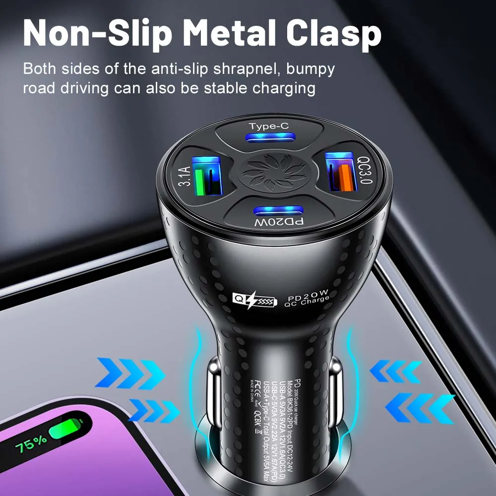 32 واط USB شاحن سيارة شحن سريع 4 منافذ PD نوع C سيارة مهايئ شاحن الهاتف آيفون Xiaomi سامسونج شاحن سريع في السيارة