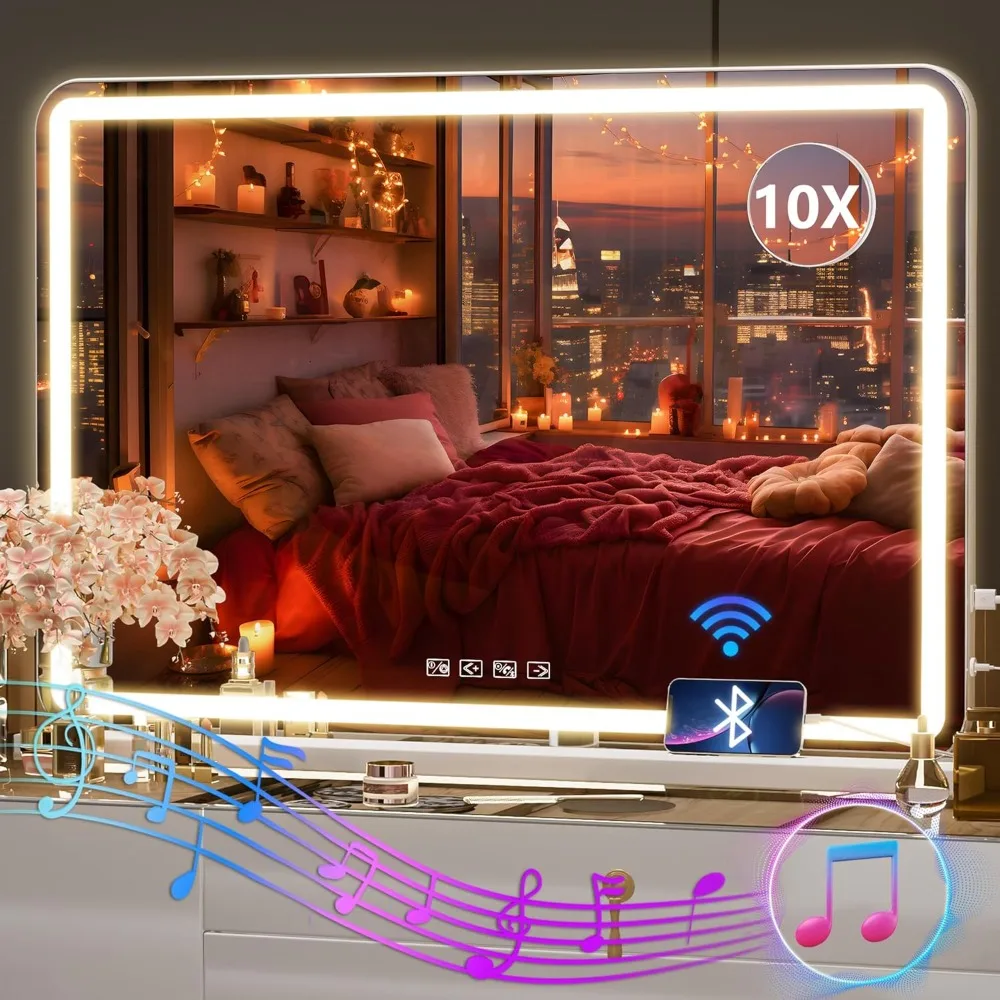 

Hasipu Vanity Mirror with Lights and Bluetooth Speaker, 32" x 21.7" LED Makeup Mirror, Lighted Makeup Mirror with Dimmable