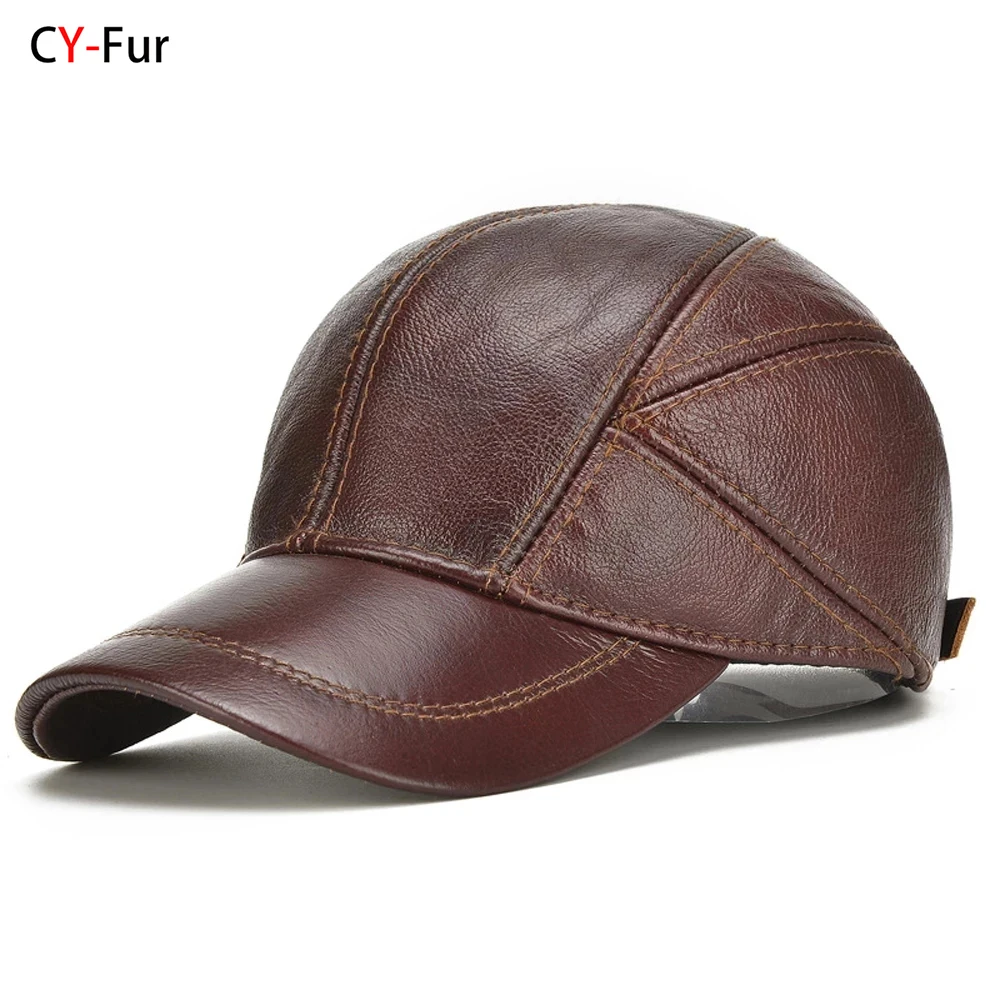 New Style Casual Real Leather Earflap Cap Men Real Cowhide Leather Caps Male Fall Winter Genuine Real Cow Leather Baseball Hats