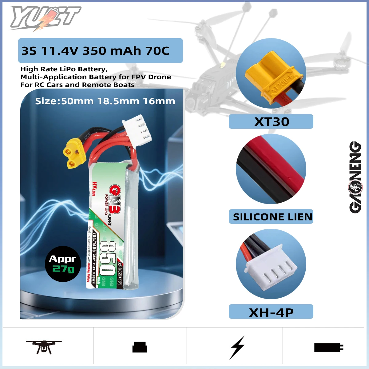 

YUCT GNB 3S LiPo аккумулятор 350 мАч LiHV 7,6 В XT30 70C/Max140C для FPV дрона Квадрокоптер Батарея Tiny Whoop Racing Drone