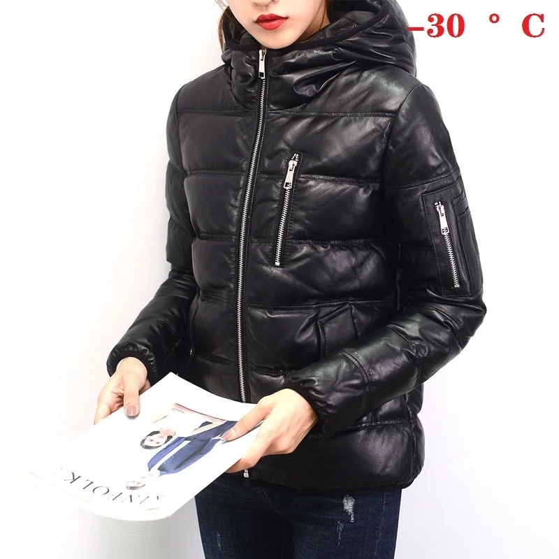 Leder Echte Kostenloser Versand, Frauen jacke. winter warm dicken 90% weiße ente unten schaffell mantel, weiche qualität leder kleidung