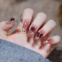 24pcs Floral Coffin Nails Set Press on Nails Cat Eye Fake Nails Butterfly Flower Design False Nails Wearable Manicure Nail Tips