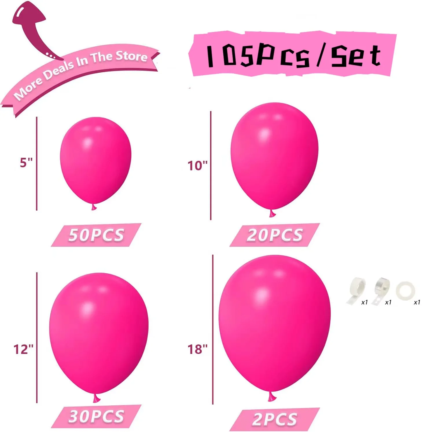 105Pcs/Set Hot Pink Balloons Latex Balloons Different Sizes 18 12 10 5 Inch Party Balloon for Birthday Baby Shower Decorations