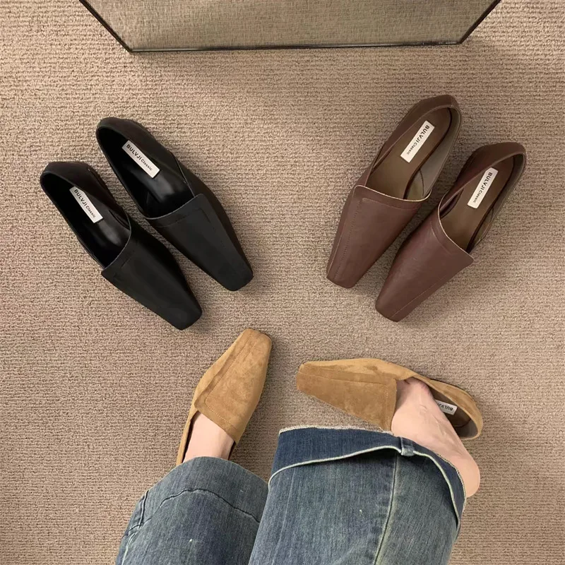 

2025 Flats Women Loafers Shoes Elegant Leather Square Toe Soft Shoes Trend New Brand Winter Walking Comfort Chaussures Femme