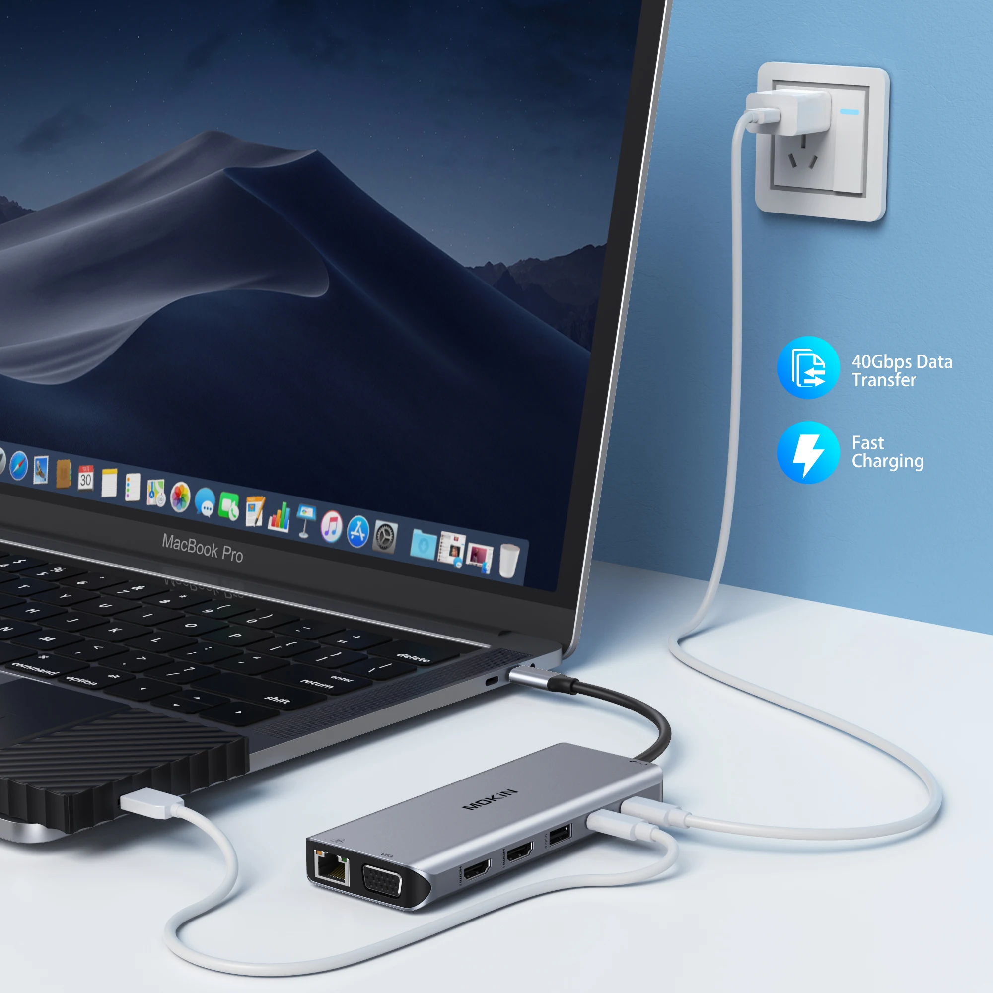 Док-станция MOKiN 14 в 1 для MacBook Air/Pro, iPad, ноутбука Thunderbolt — USB-C 3.1, HDMI 4K30 Гц, PD 100 Вт, RJ45 1 Гбит/с, аудио