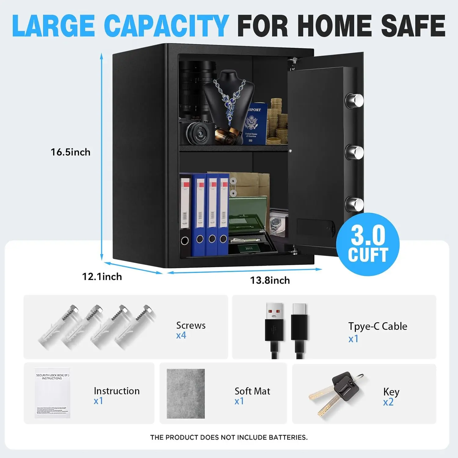 Large Biometric Fingerprint Safe for Home \u2013 2.4 CuFt Security Safe with Dual Unlock Mode, Alarm, Silent Keypad, USB-C Backu
