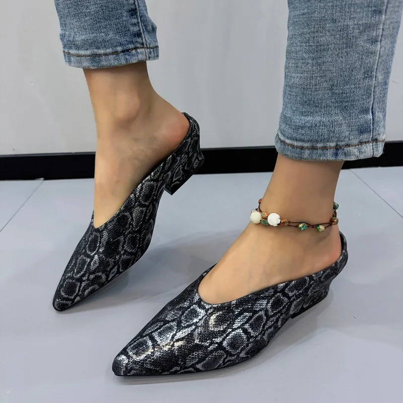 

Sexy pointed high heels for women, 2024 summer new style, temperament, thick heel, Baotou fashionable casual slippers for women