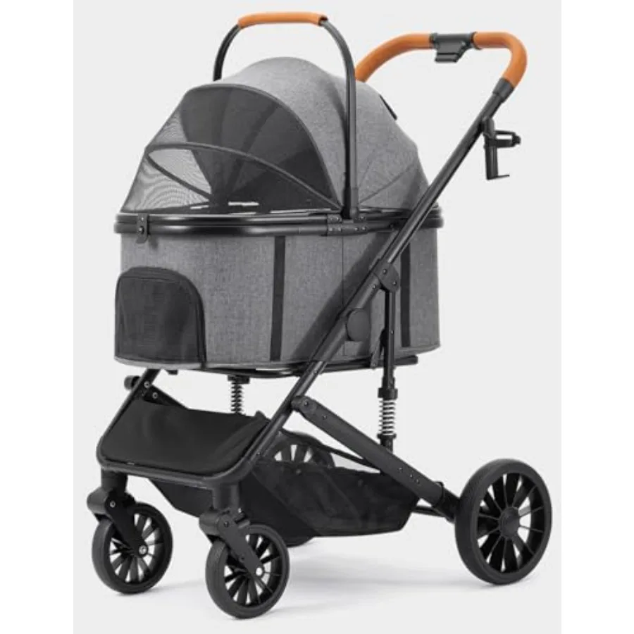 

Dog stroller for small medium dogs up to 60lbs, grey polyester fabric, foldable 4-wheel design with detachable carrier, breatha