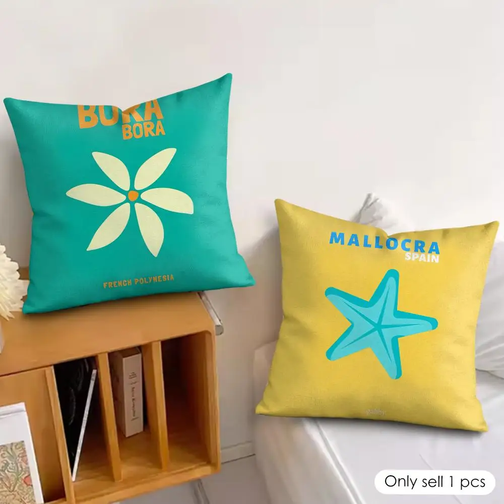 Tropical Coastal Throw Pillow Cover Bora Bora Mallorca Beach Flower Starfish Print Square Linen Cushion Cover No Insert Hidden Z