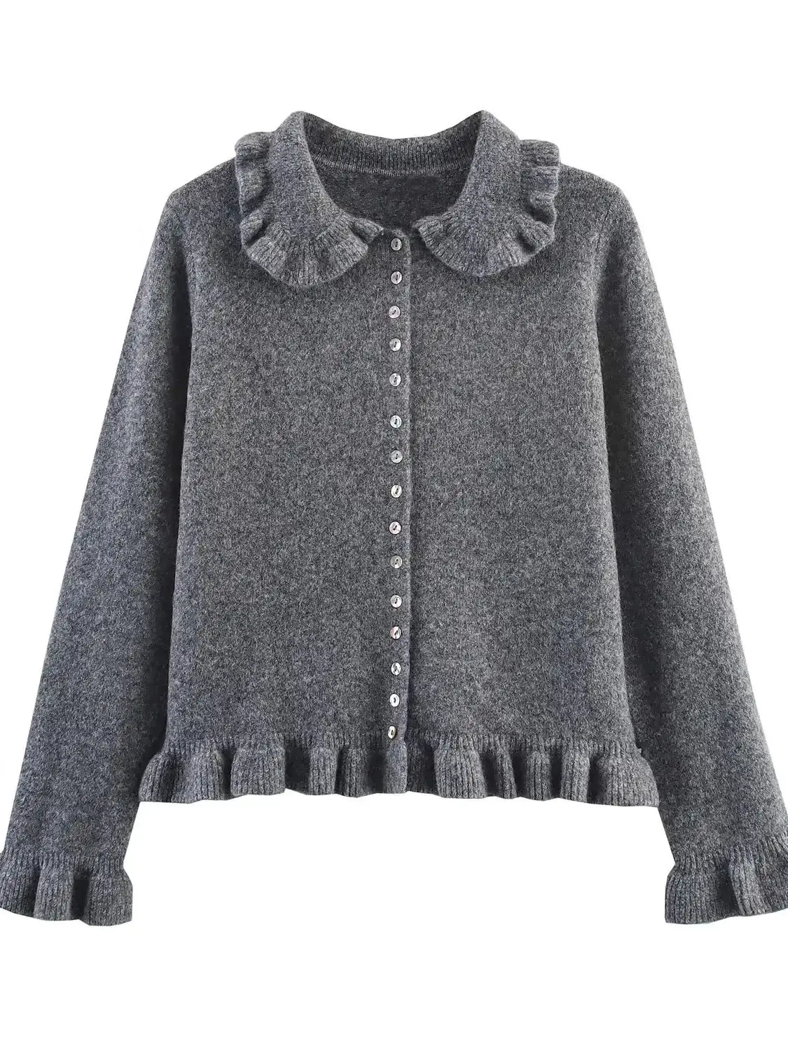 

2025 Autumn Women's Sweet Single Breasted Grey Layered Sweaters Lady Elegant Knitted Long Sleeve Buttons Open Ruffled Cardigans