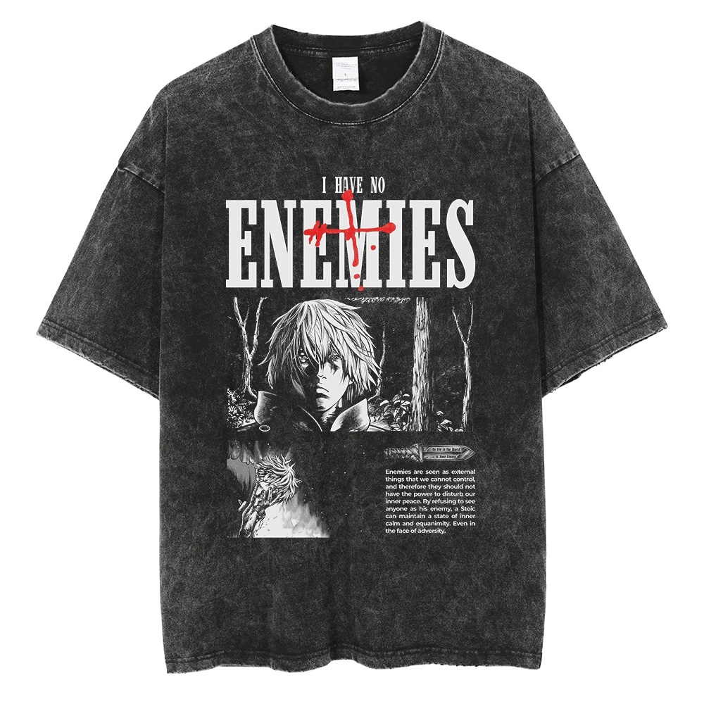 Herren Vinland Saga "I Have No Enemies" Grafik-T-Shirt Thorfinn Anime-Print Vintage Washed Oversized Casual Streetwear T-Shirt