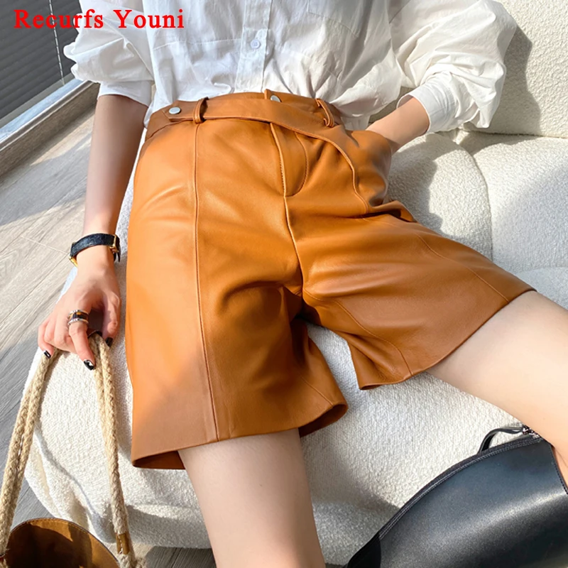 Women Lambskin Panties Bermuda 2023 Winter High Waist Genuine Leather Shorts Mujer Casual Straight Leg Grey Pants Calça Feminino