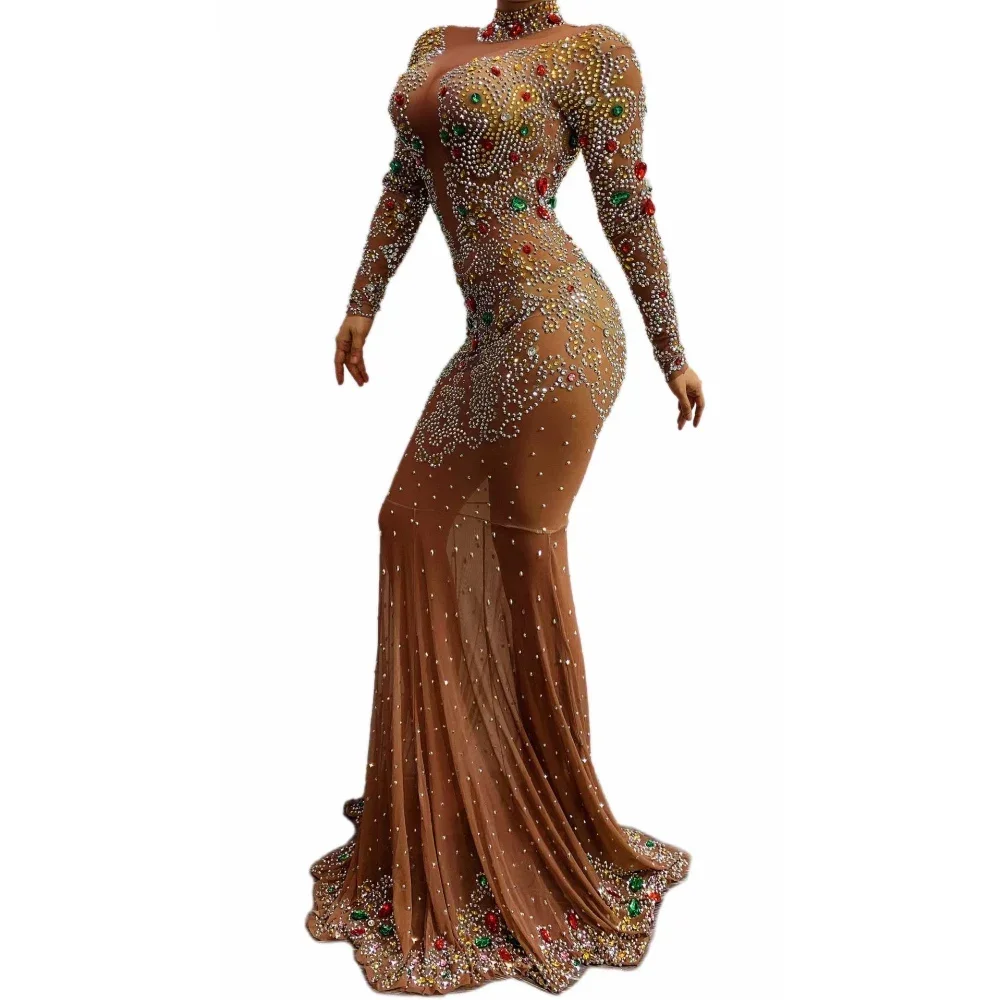 Long Brown Shining Rhinestones Sexy Dress For Women Evening Banquet Clothing Festival Ballroom Wear Entertainers Costumes