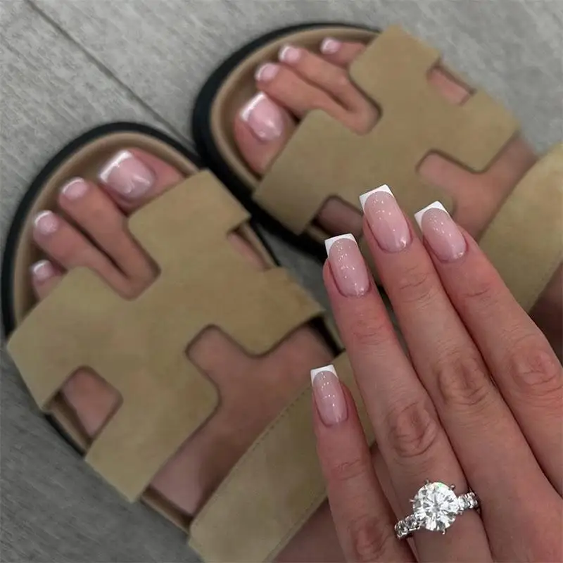 

48pcs Hand & Foot Two-Piece Set White French Style Fake Nails With Square Shape Simple Press On Nails False Toe Nail