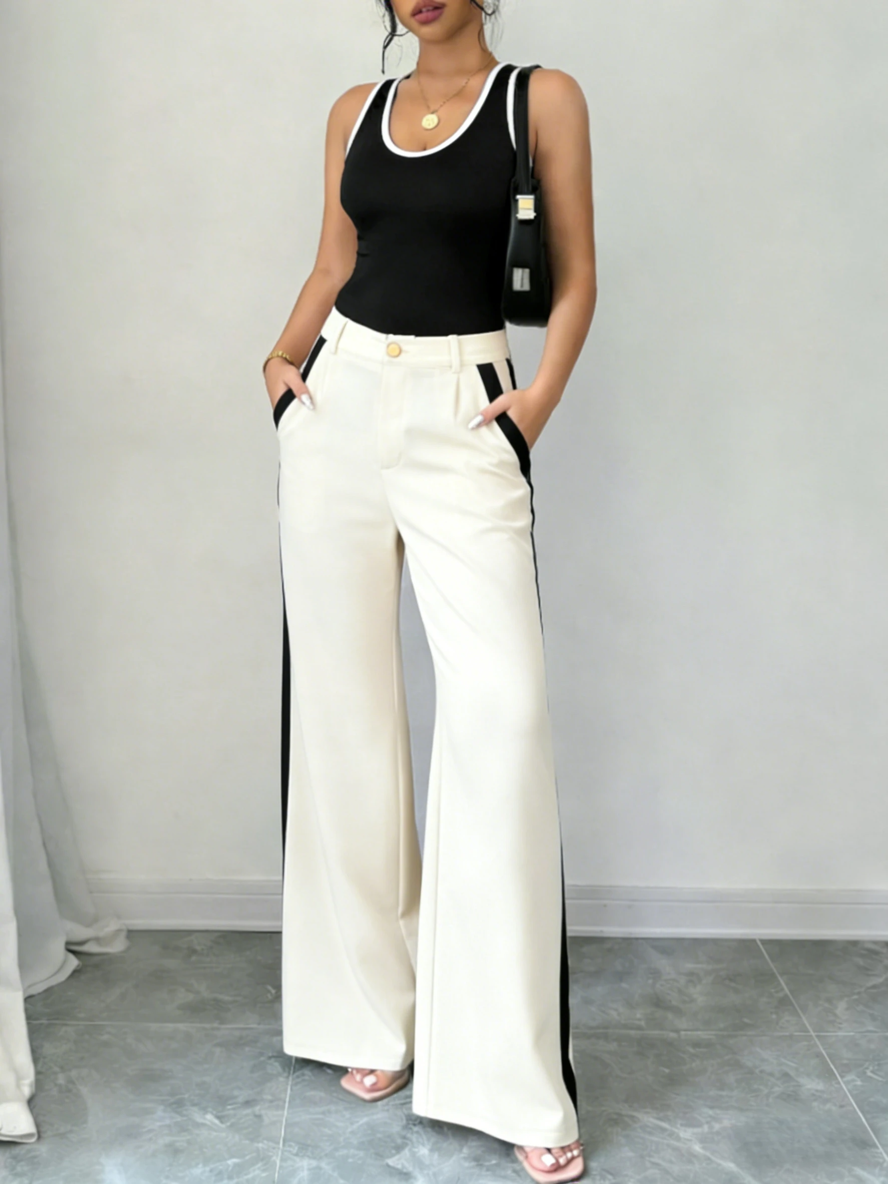 

Women's Trousers Set Contrast Trim Tank Top High Waist Wide Leg Pants Two Piece Set Spring Summer Office Street Casual Outfit