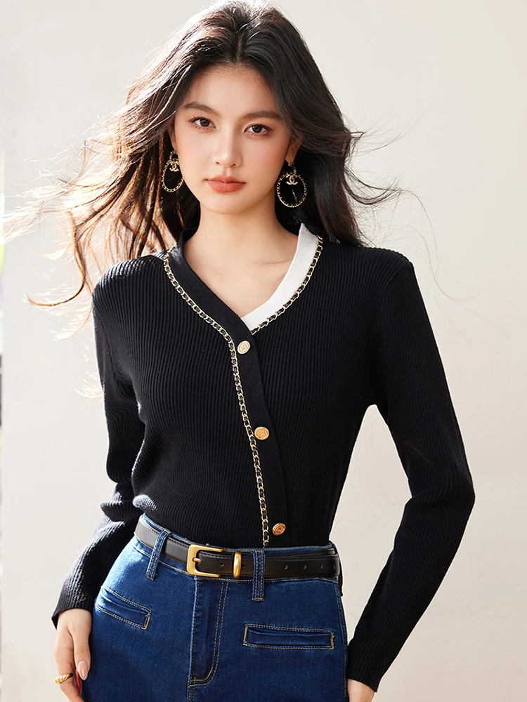 

Women's V-Neck Sweater Pullover Splicing Design Slim Fit Knitted Tops Temperament Long Sleeve Sweater Tops 2025 New