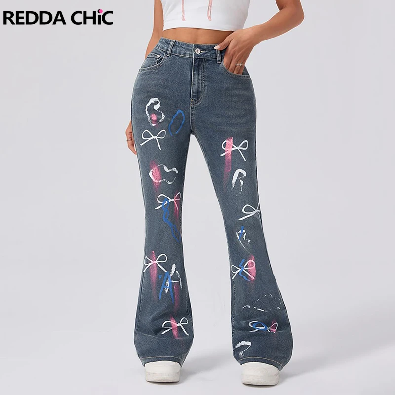 

REDDACHiC Women Cute Bow Print Flare Jeans Colorful Graffiti Pockets High Rise Tight Stretch Denim Pants Y2k Vintage Streetwear