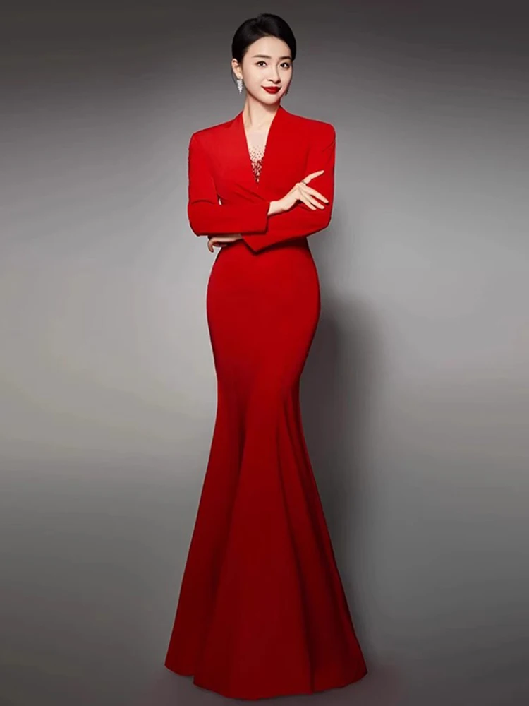 

Красное вечернее платье женское 2025 года, новинка, класса люкс, для выступлений, с юбкой-русалкой, создающей особую атмосферу, премиум-класса