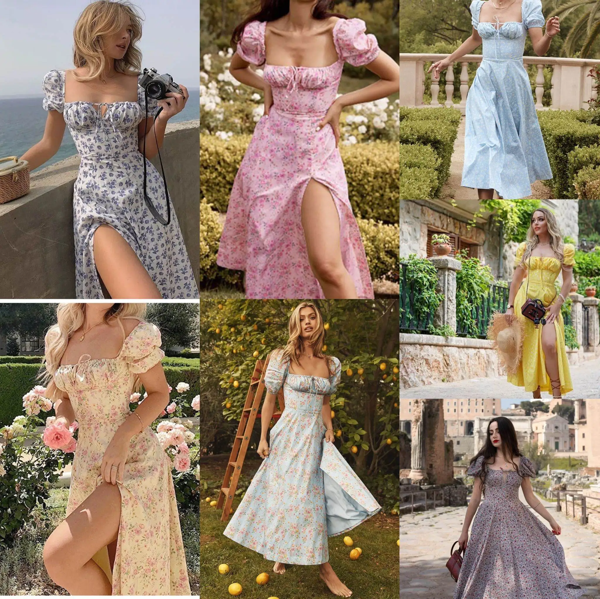 Vestido Midi Floral Vintage de Verano con Cuello Cuad, Ajustado, Abertura Lateral, Cintura Alta, Estilo Dulce, Ropa de Mu...