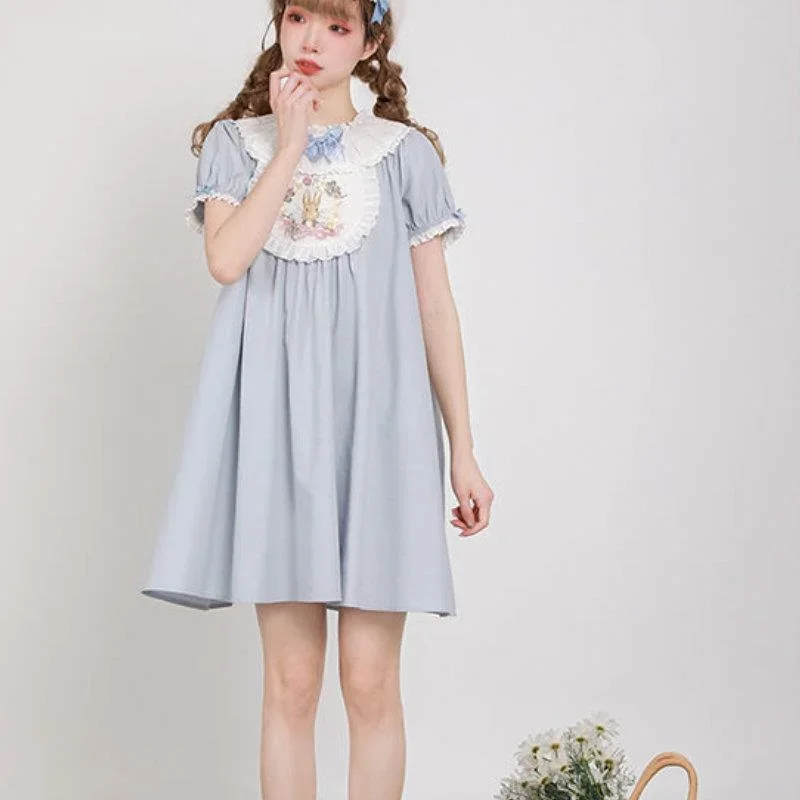 Japanese Kawaii Lolita Princess Dress Girls Sweet Cute Bow Puff Sleeve Bunny Embroidery Nightdress Victorian Vintage Mini Dress