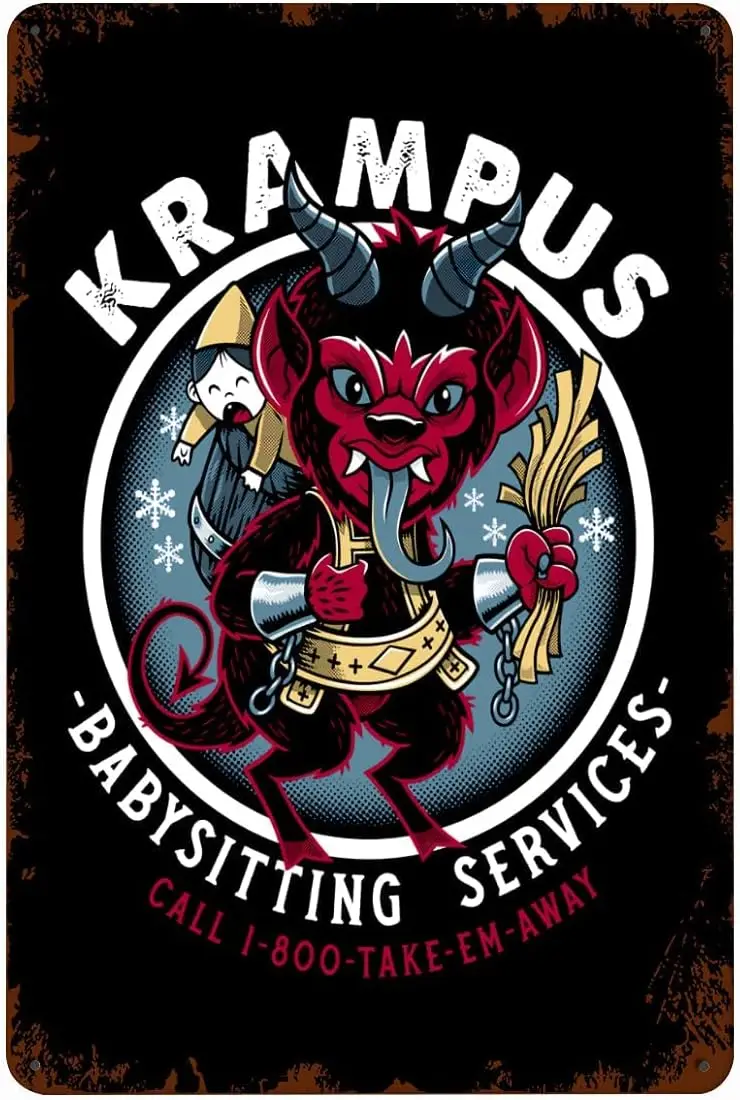Vintage Metal Sign Krampus Babysitting Service Creepy Cute Christmas Goth Holiday Iron Painting Wall Art Home Bedroom Parlor Yar