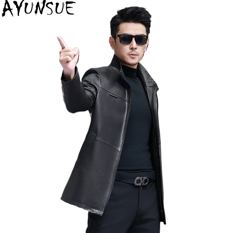 

AYUNSUE Genuine Sheepskin Leather Jackets Man Mid-length Real Leather Coat Stand Collar Casual Windbreaker Men Leather Jacket