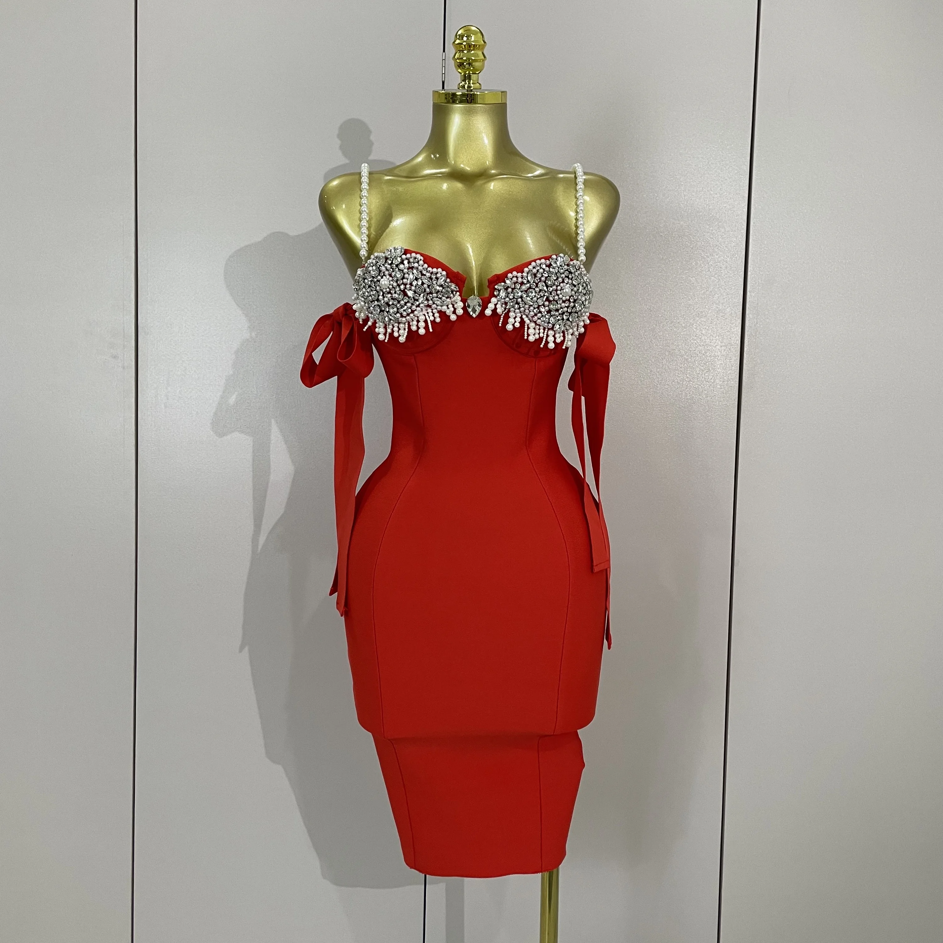 High Quality Luxury Diamonds Beading Halter Bodycon Bandage Dress Women Celebrate Eveing Wedding Guest Birthday Party Dress