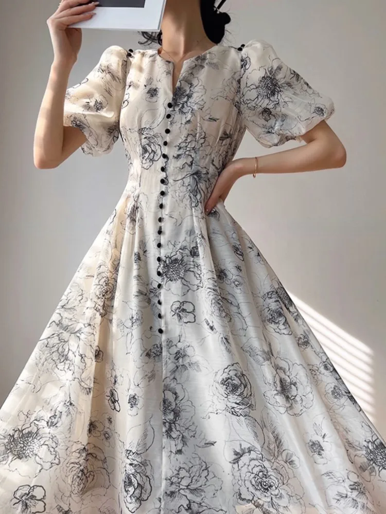 Office Lady Elegant Floral Midi Dresses Summer Formal One Piece Korean Party Beach Long Sleeve Casual Chic Vestido Robe