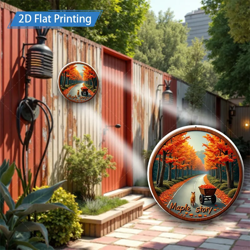 1pc 8x8inch Metal Sign "Autumn Maple Lane 2D Flat Printing Wall Art Decor"