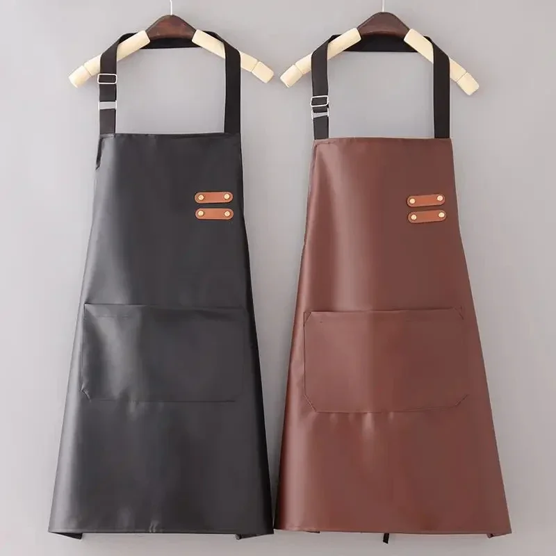 Adjustable PU Leather Waterproof Oil Resistant Apron Kitchen Workwear Home Cooking Cleaning Unisex Sleeveless Apron