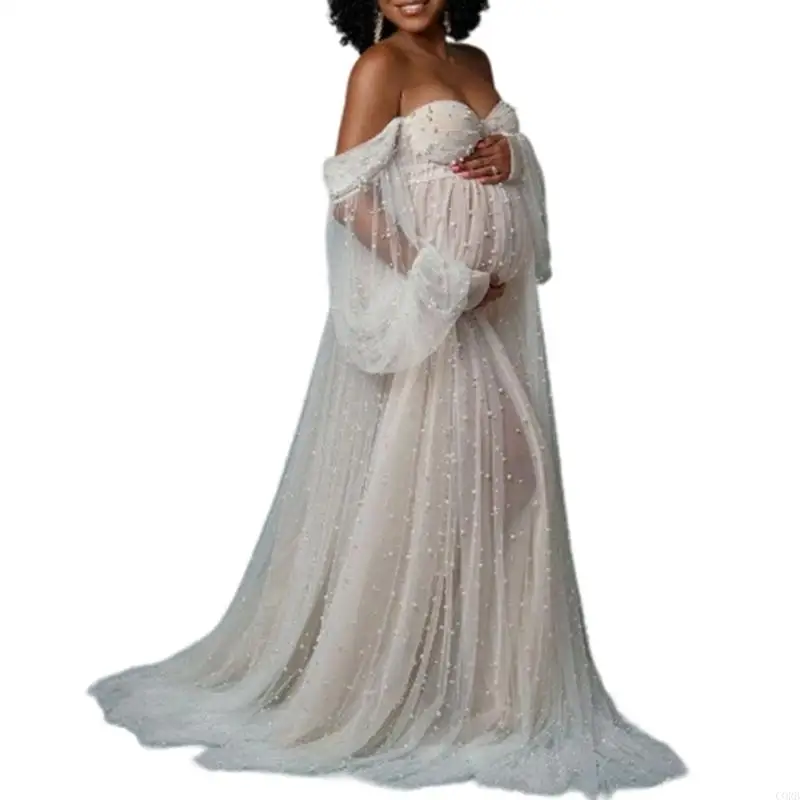 CORB Elastic Waist Maternity Gown for Professional Photography Featuring Long Hem Breathable Polyester Comfort Dress