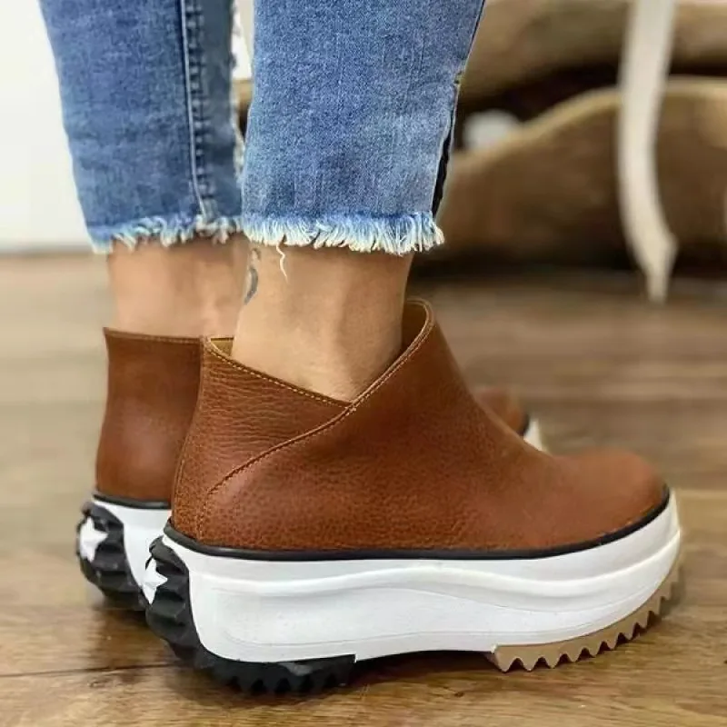 2023 Women Leather Boots Round Toe Side Zipper White Bottom Ladies Platform Shoes Solid Color Daily Walking Female Ankle Booties