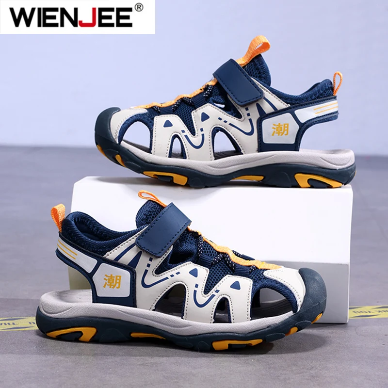 

Летние спортивные сандалии для детей 5-16 лет, дышащая противоскользящая пляжная обувь для мальчиков, уличные сандалии с закрытым носком и защитой от ударов