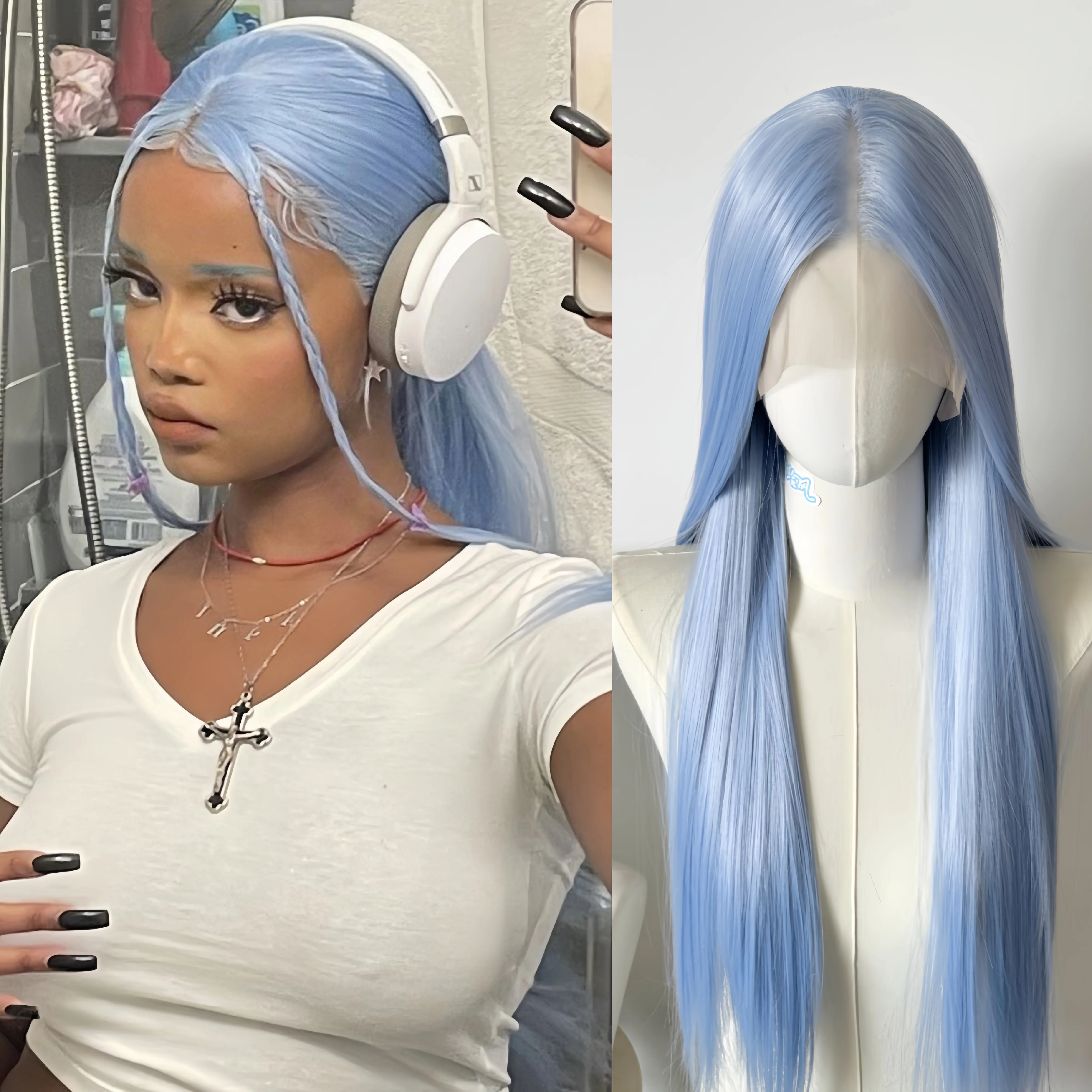 Baby Blue Wig 26inch Long Straight Light Blue Wigs 13*4 HD Lace Front Wig Middle Part Cosplay Synthetic Lace Wigs for Daily Use